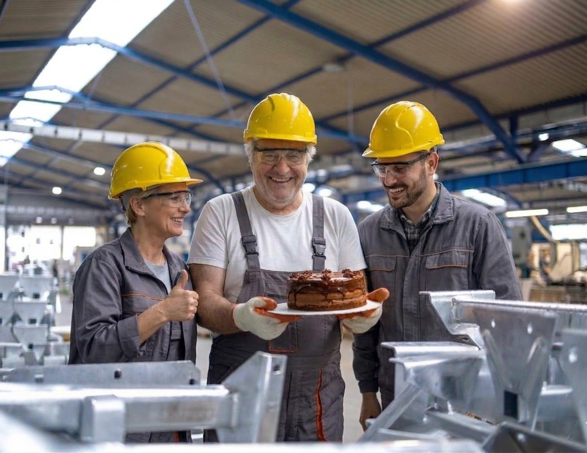 Zespół świętujący przy torcie